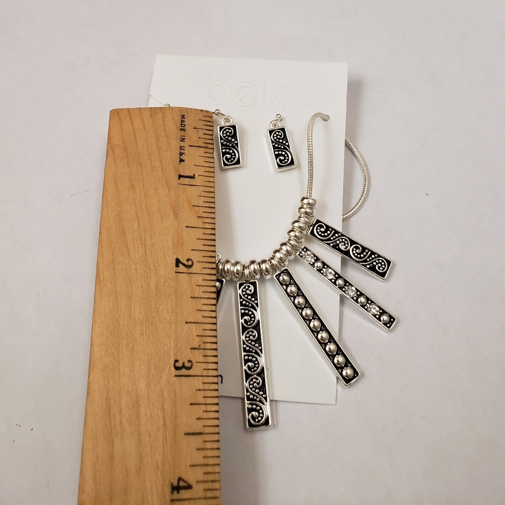 Belk Necklace earring set, sensitive skin, silver tone black textured bar dangle - Picture 10 of 10